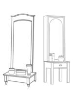 Dressing table and other furniture. Dressing room in outline style. Interior room with mirror vanity makeup and accessories. Vector illustration.