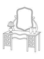 Dressing table and other furniture. Dressing room in outline style. Interior room with mirror vanity makeup and accessories. Vector illustration.