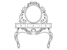 Dressing table and other furniture. Dressing room in outline style. Interior room with mirror vanity makeup and accessories. Vector illustration.