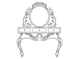 Dressing table and other furniture. Dressing room in outline style. Interior room with mirror vanity makeup and accessories. Vector illustration.