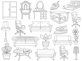 Collection of elegant modern furniture and home interior decorations of trendy. Kitchen, bedroom, sofa table, bookcase closet, chair, mattress, lamps, furniture vector illustration set.