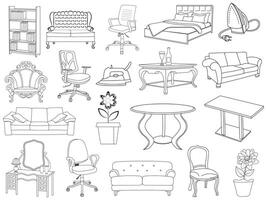 Collection of elegant modern furniture and home interior decorations of trendy. Kitchen, bedroom, sofa table, bookcase closet, chair, mattress, lamps, furniture vector illustration set.