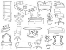 Collection of elegant modern furniture and home interior decorations of trendy. Kitchen, bedroom, sofa table, bookcase closet, chair, mattress, lamps, furniture vector illustration set.