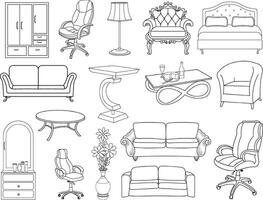 colección de elegante moderno mueble y hogar interior decoraciones de de moda. cocina, dormitorio, sofá mesa, librero armario, silla, colchón, lámparas, escalera vector ilustraciones.