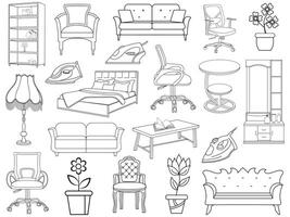 Collection of elegant modern furniture and home interior decorations of trendy. Kitchen, bedroom, sofa table, bookcase closet, chair, mattress, lamps, furniture vector illustration set.