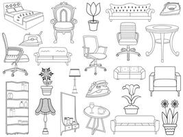 Collection of elegant modern furniture and home interior decorations of trendy. Kitchen, bedroom, sofa table, bookcase closet, chair, mattress, lamps, furniture vector illustration set.