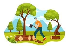 Timber Vector Illustration with Man Chopping Wood and Tree with Lumberjack Work Equipment Machinery or Chainsaw at Forest in Flat Cartoon Background