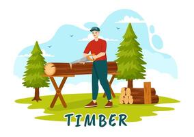 madera vector ilustración con hombre el cortar madera y árbol con leñador trabajo equipo maquinaria o motosierra a bosque en plano dibujos animados antecedentes