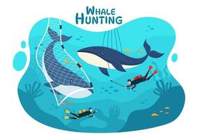 Whale Hunting Vector Illustration with the Activity of Hunting Whales to Obtain Products that Humans can use by Illegally in Flat Cartoon Background