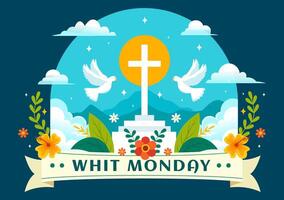 Whit Monday Vector Illustration with a Pigeon or Dove for Christian Community Holiday of the Holy Spirit in Flat Cartoon Background Design