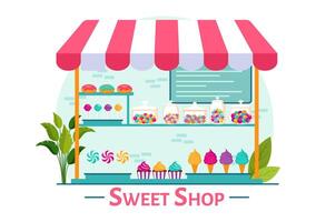 Sweet Shop Vector Illustration with Selling Various Bakery Products, Cupcake, Cake, Pastry or Candy in Flat Cartoon Background Design