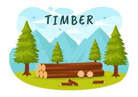 Timber Vector Illustration with Man Chopping Wood and Tree with Lumberjack Work Equipment Machinery or Chainsaw at Forest in Flat Cartoon Background