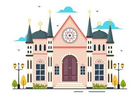 Synagogue Building or Jewish Temple Vector Illustration with Religious, Hebrew or Judaism and Jew Worship Place in Flat cartoon Background