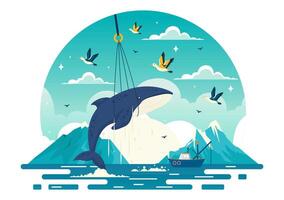 Whale Hunting Vector Illustration with the Activity of Hunting Whales to Obtain Products that Humans can use by Illegally in Flat Cartoon Background