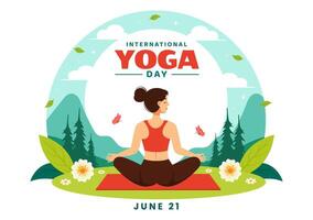 International Yoga Day Vector Illustration on June 21 with Woman Doing Body Posture Practice or Meditation in Healthcare Flat Cartoon Background