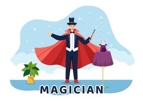 Magician Vector Illustration with Illusionist Conjuring Tricks and Waving a Magic Wand above his Mysterious Hat on a Stage in Flat Cartoon Background