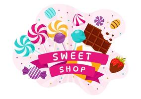 Sweet Shop Vector Illustration with Selling Various Bakery Products, Cupcake, Cake, Pastry or Candy in Flat Cartoon Background Design