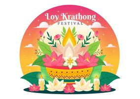 Loy Krathong Vector Illustration of Festival Celebration in Thailand with Lanterns and Krathongs Floating on Water Design in Flat Cartoon Background