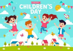 Happy Children's Day Vector Illustration with Kids Togetherness in Children Celebration Cartoon Bright Sky Blue Background and Green Field Design