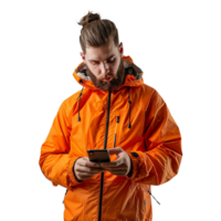 ai genererad man med orange jacka isolerat på transparent bakgrund png