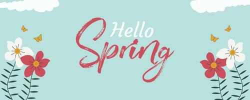 Hello Spring banner design with flower's and butterfly. Spring floral background vector. vector