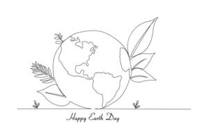 Happy Earth Day concept background. Planet with leaves continuous line art vector illustration.