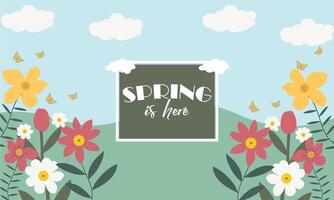 Spring season banner design with flowers and butterfly. Spring cute floral background vector. vector