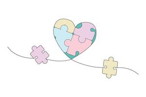 Puzzle with love continuous outline vector isolated on white background.  Autism Awareness Month concept background.