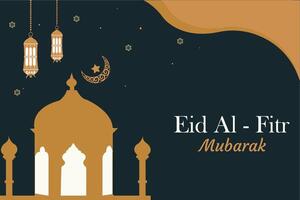 Eid Al-Fitr background design with lanterns, stars, mosque and moon. Islamic poster in Arabic style. vector