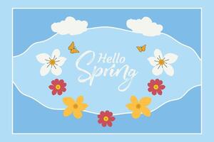 Hola primavera bandera diseño con flores y mariposas primavera floral antecedentes vector. vector