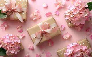 An overhead glimpse of tastefully wrapped gifts, featuring pink hydrangeas and petals lightly scattered photo