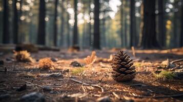 AI generated Pine Cone Amidst Forest Floor in Sunlight photo