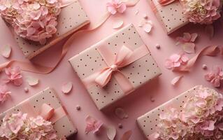 From above, see perfectly wrapped gifts, enhanced with pink hydrangeas and delicate petals spread around photo