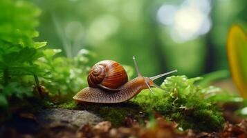 AI generated Snail on Soil with Green Leaves photo
