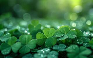 AI generated Dewy Morning Enhances the Beauty of Green Clover Leaves photo