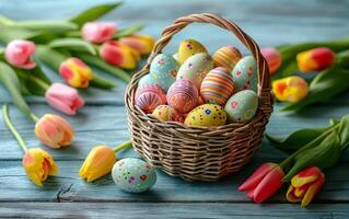 AI generated A Wicker Basket Brimming with Tulips and Easter Eggs photo