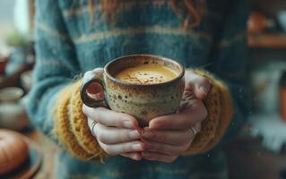 ai generado calentar taza de café retenida en acogedor manos foto