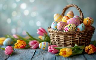 AI generated A Festive Basket Holding Tulips and Easter Eggs photo