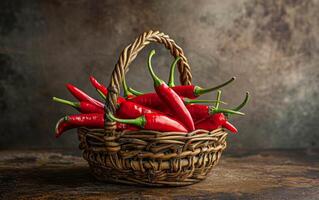 ai generado un tradicional cesta rebosante con brillante rojo chile pimientos foto