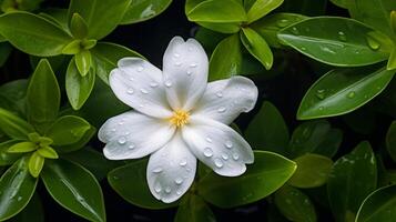 AI generated White Tiare Flower with Raindrops on Petals photo