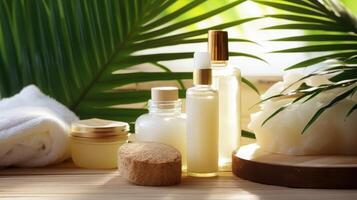 AI generated Elegant Spa Essentials Amidst Lush Green Foliage photo