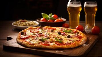 AI generated Pizza and Beer on Wooden Table photo