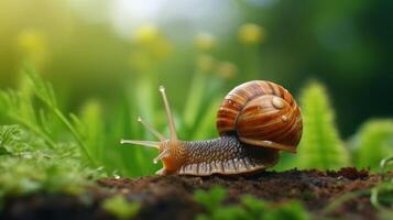 AI generated Snail on Soil with Green Leaves photo