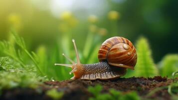 ai generado caracol en suelo con verde hojas foto