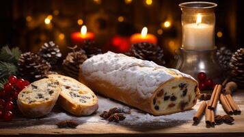 AI generated Christmas Stollen Bread with Festive Decorations photo