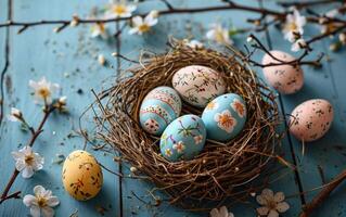 AI generated Straw ensconced Easter eggs on a backdrop of blue wood photo