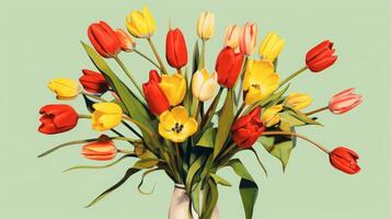 AI generated Vibrant Tulips in Vase Against Teal Background photo