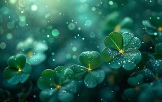 AI generated Lush Green Leaf Clovers with Morning Dew photo