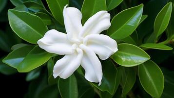 AI generated White Tiare Flower with Raindrops on Petals photo