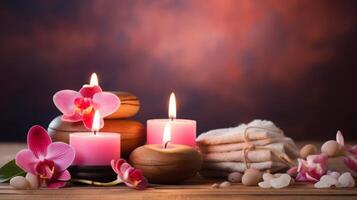 ai generado relajante spa ambiente con velas y flores foto